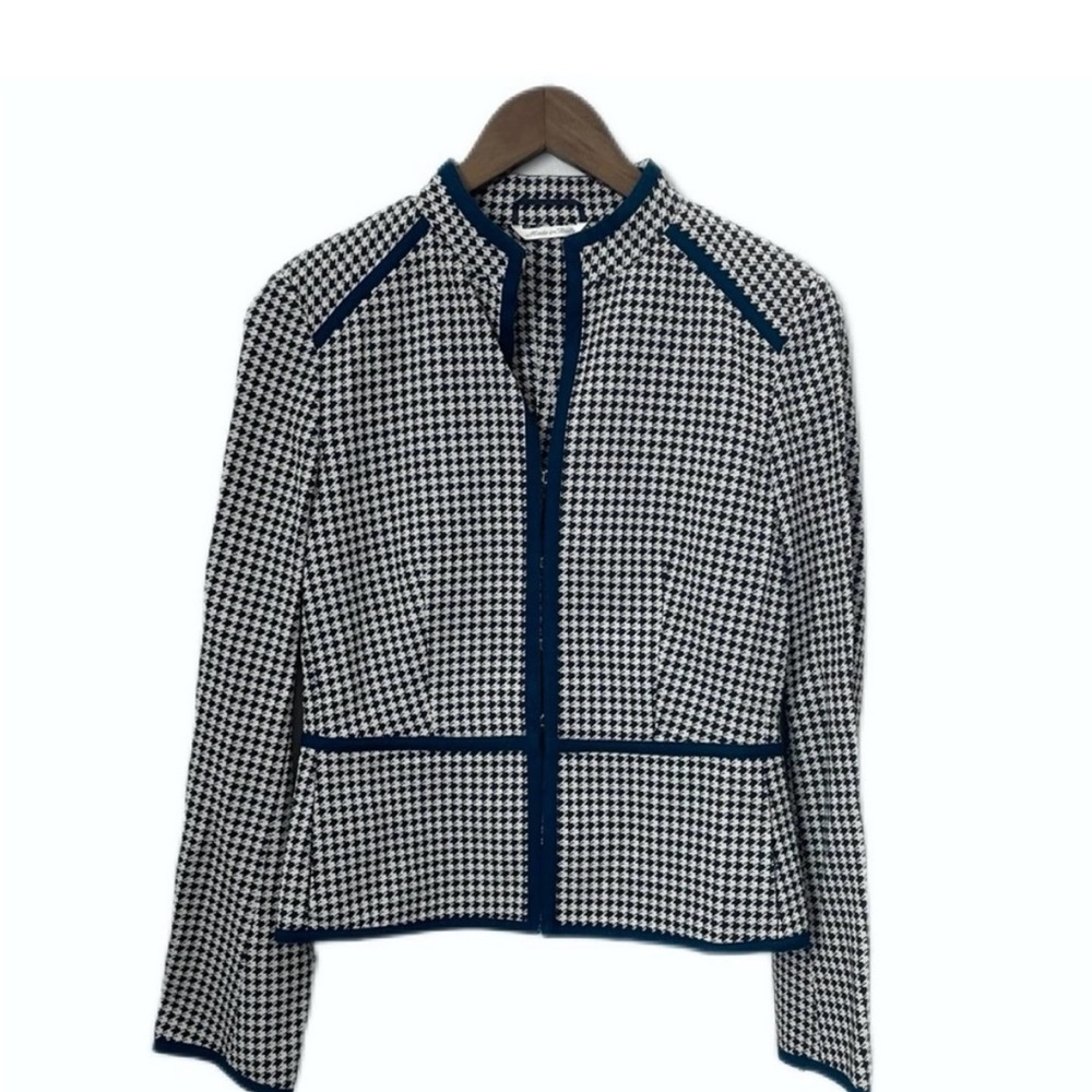 MaxMara | Women’s Navy & Cream Houndstooth Blazer Peplum Hook Eye Jacket Print 4